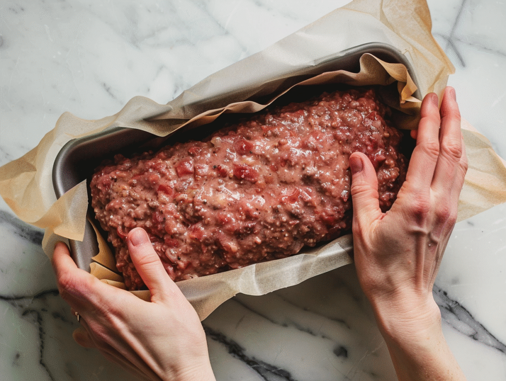Shaping keto meatloaf mixture in a loaf pan