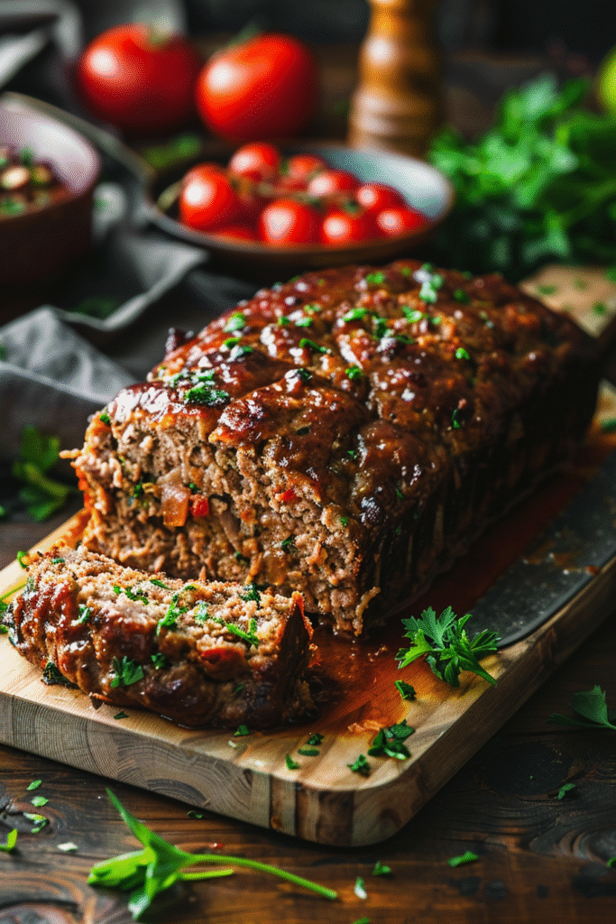 Sliced juicy keto meatloaf with cauliflower mash and green beans