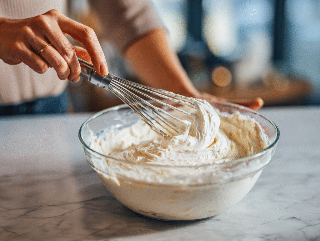Hand mixing Booty Dip with a spatula in a clear bowl