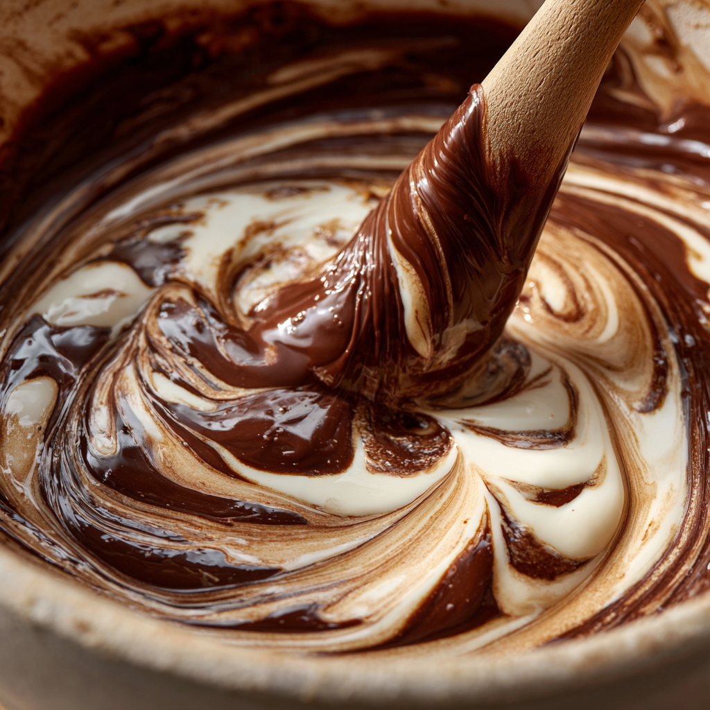 stirring chocolate and yogurt to make no-bake cake