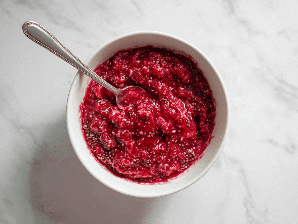 Raspberry chocolate filling being mixed in a white bowl.