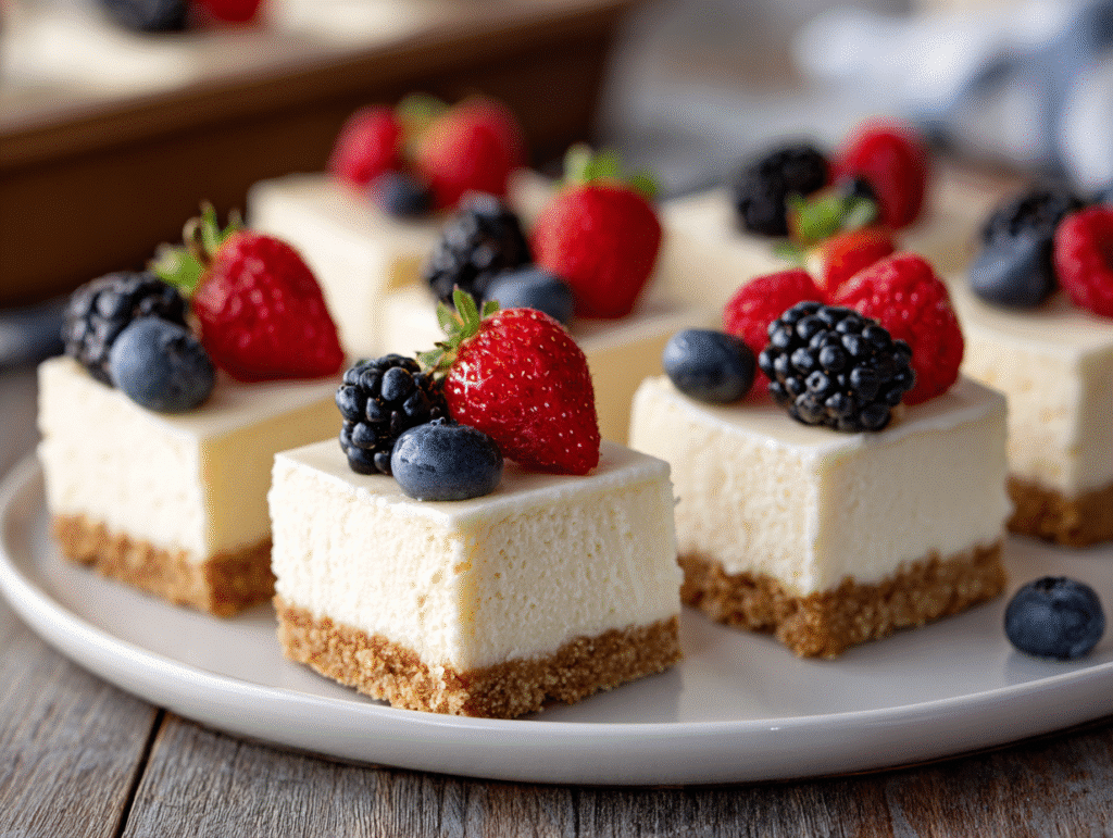 No Bake Cheesecake Bars on white plate