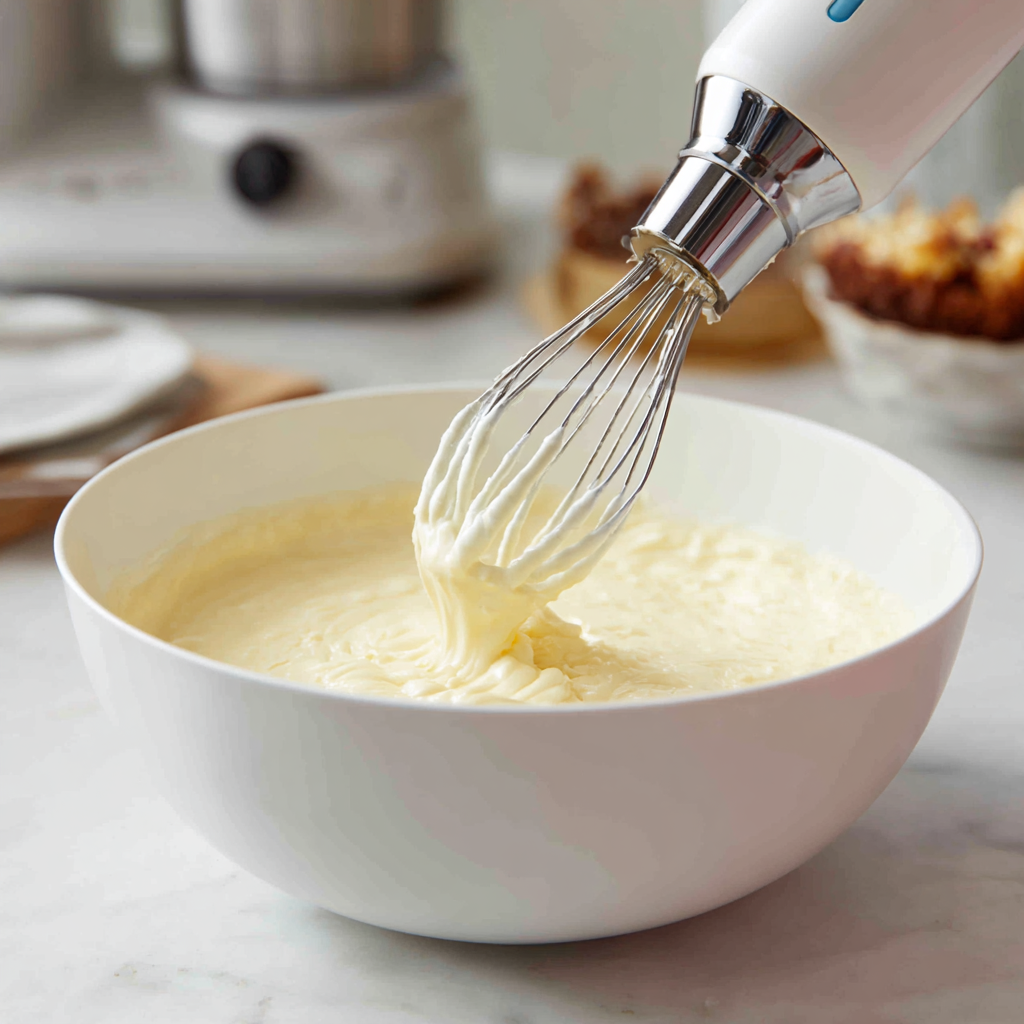 Mixing no bake cheesecake filling