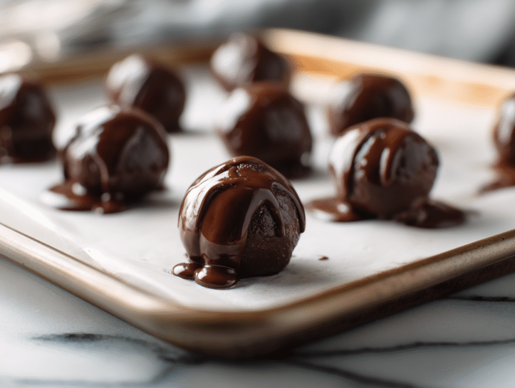 Raspberry balls dipped in dark chocolate