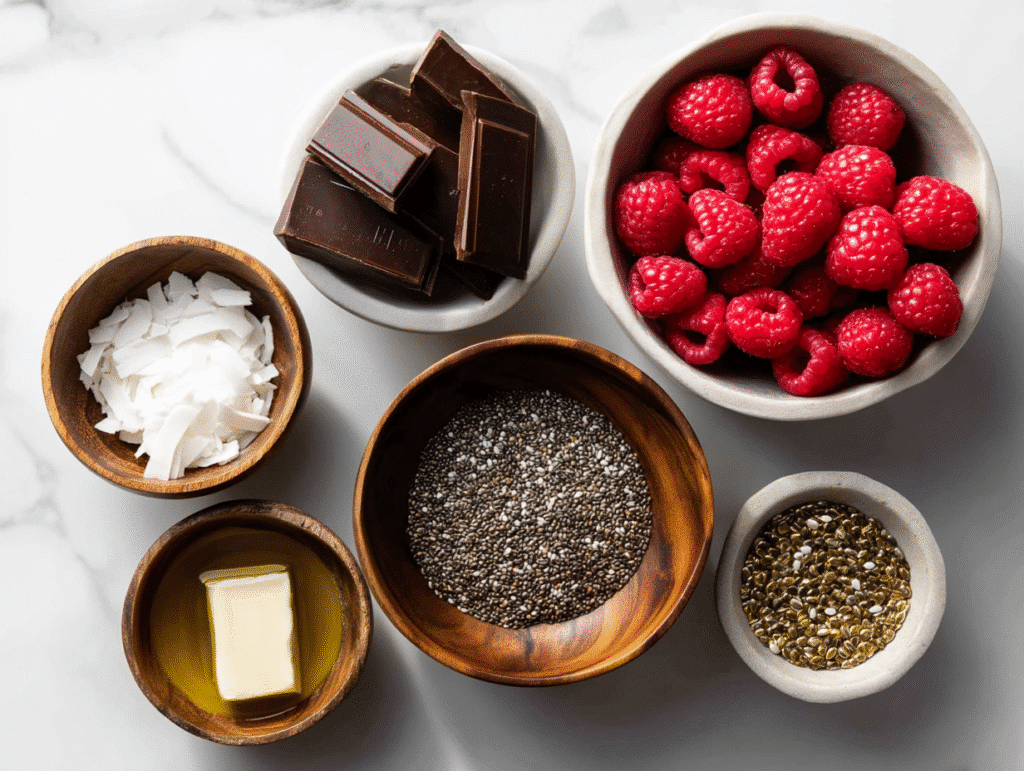 Ingredients for raspberry chocolate truffles on marble