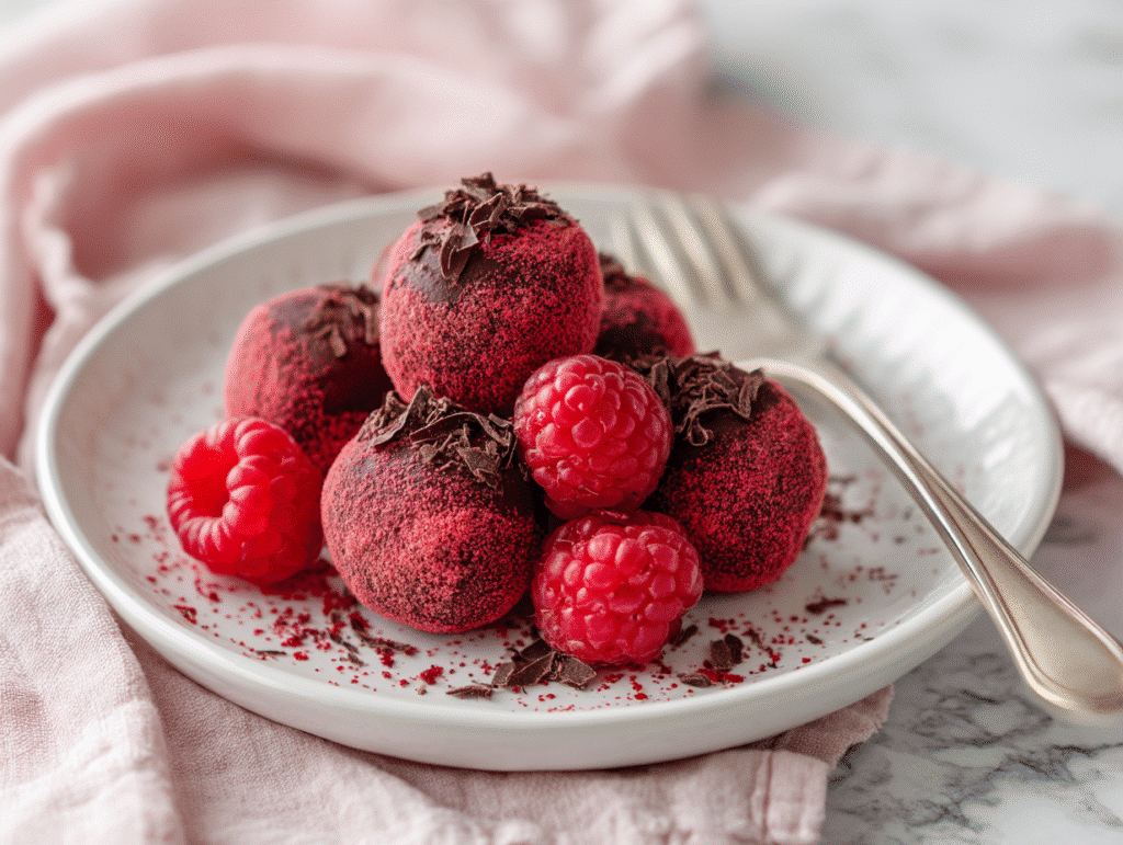 Raspberry chocolate truffles served with raspberries