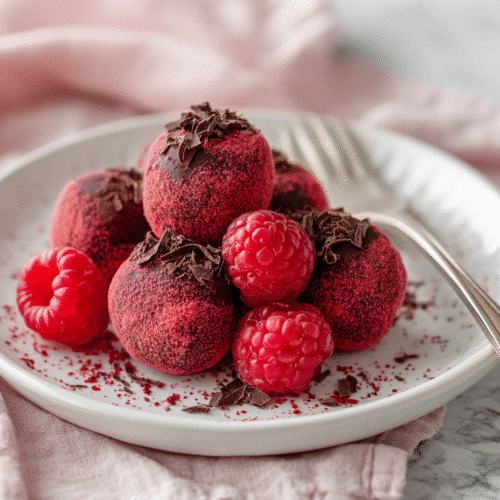 Raspberry chocolate truffles served with raspberries