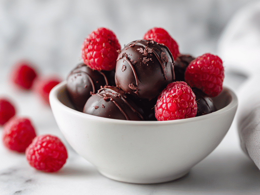 Raspberry chocolate truffles in white bowl