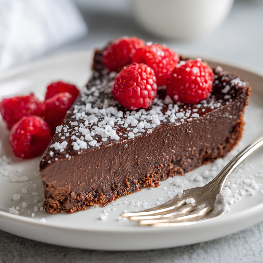 slice of 2-ingredient chocolate no-bake cake with raspberries