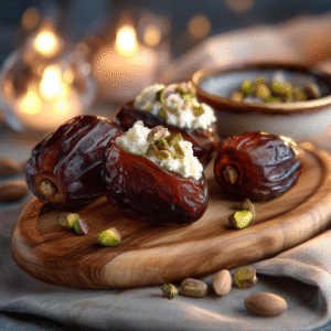 Fresh dates stuffed with cheese and pistachios