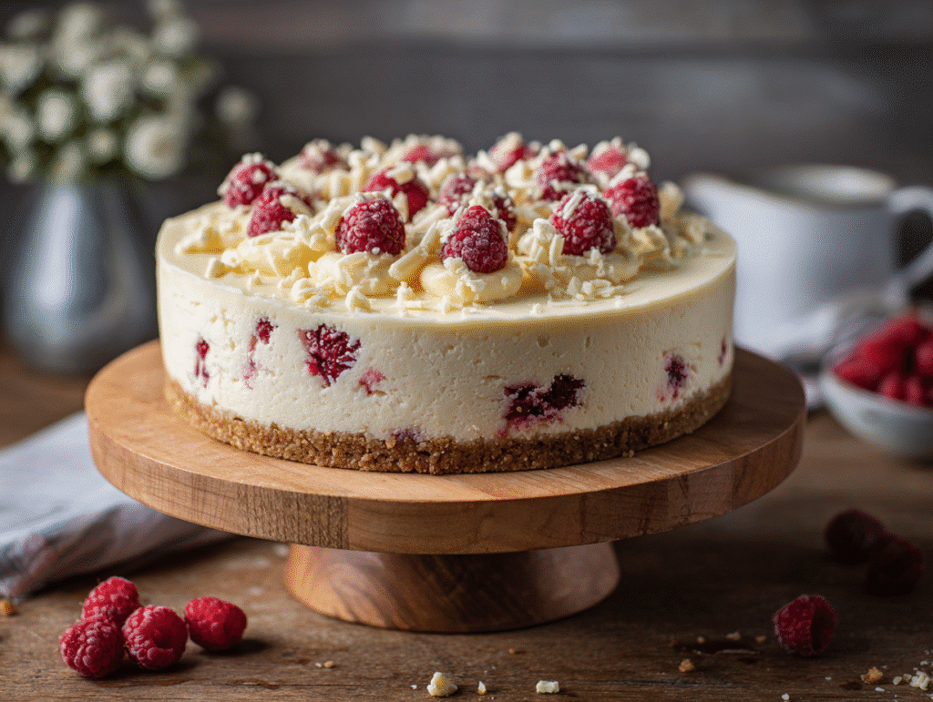 White chocolate raspberry cheesecake on cake stand
