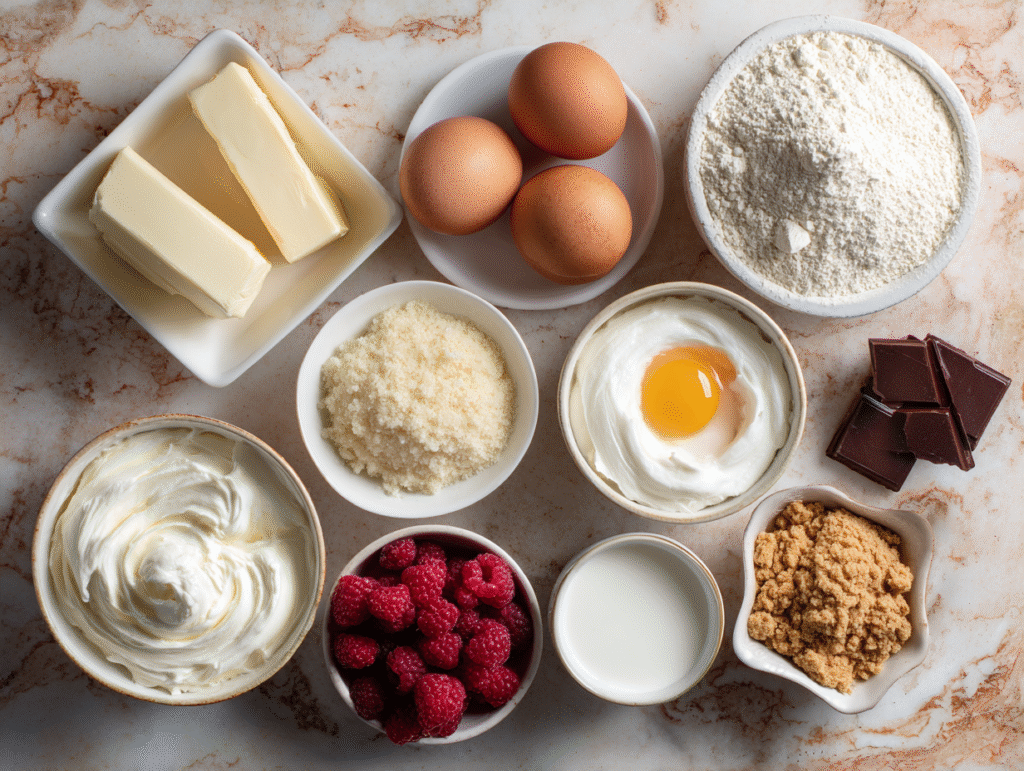 Ingredients for white chocolate raspberry cheesecake