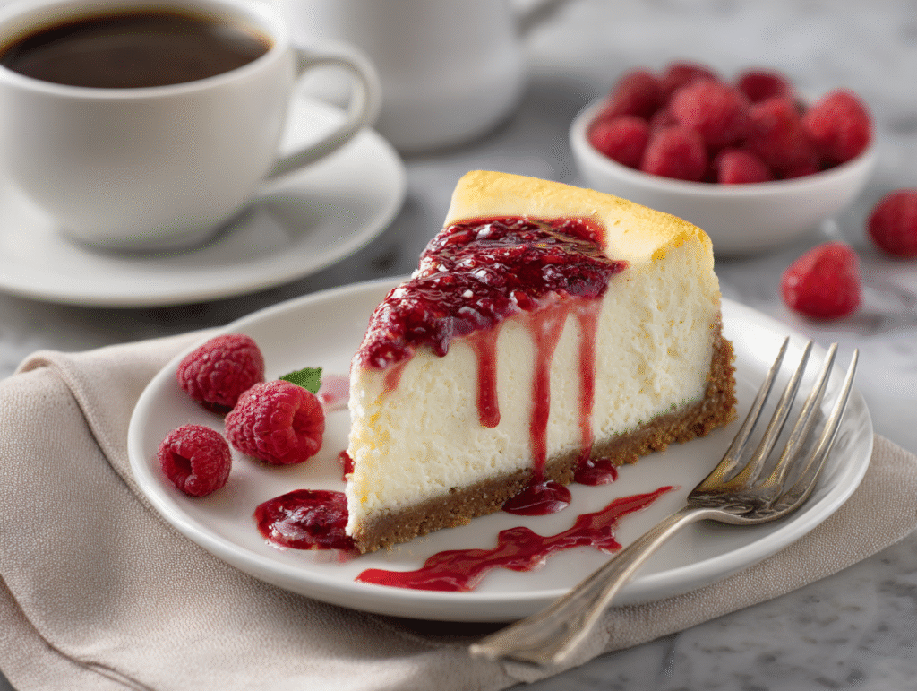 Slice of white chocolate raspberry cheesecake on a plate