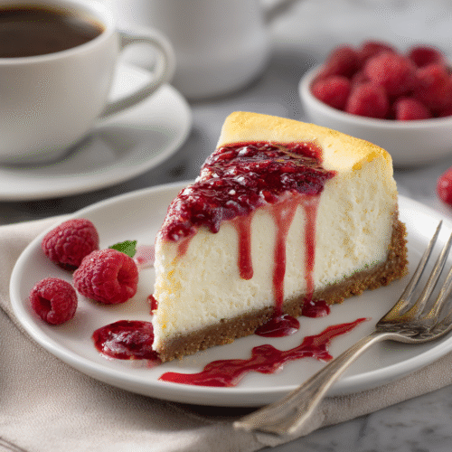 Slice of white chocolate raspberry cheesecake on a plate