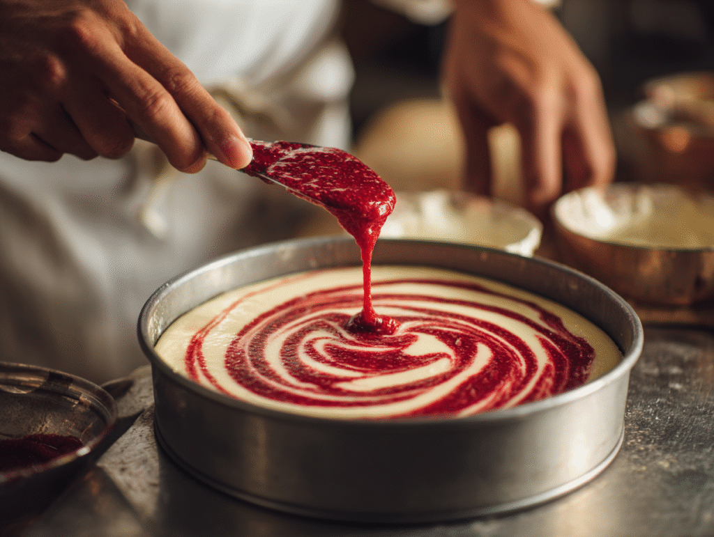 Swirling raspberry sauce into cheesecake batter