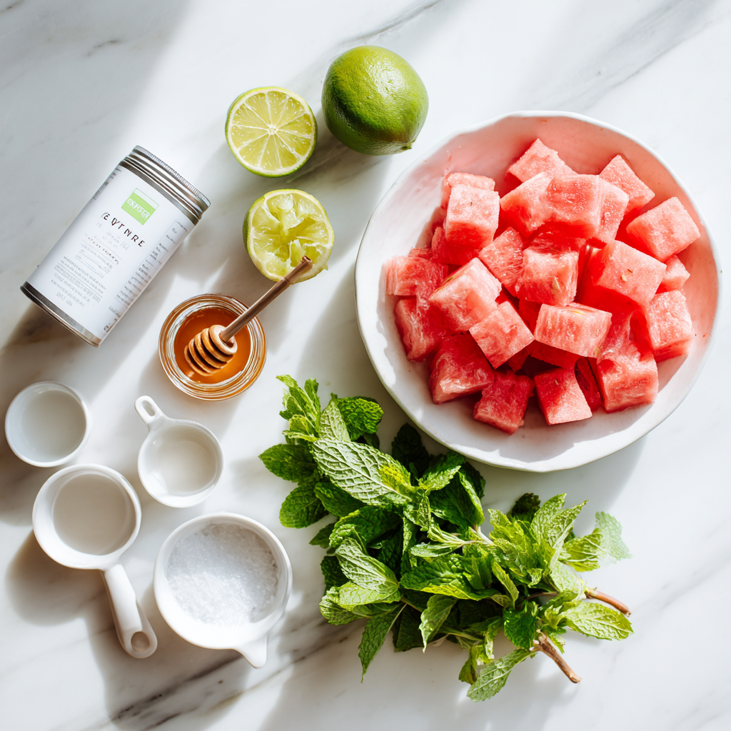 Ingredients for watermelon coconut ice including cubed watermelon, coconut milk, lime, honey, and mint