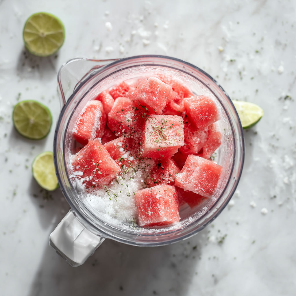 Blender filled with frozen watermelon, coconut milk, lime juice, and honey for watermelon coconut ice