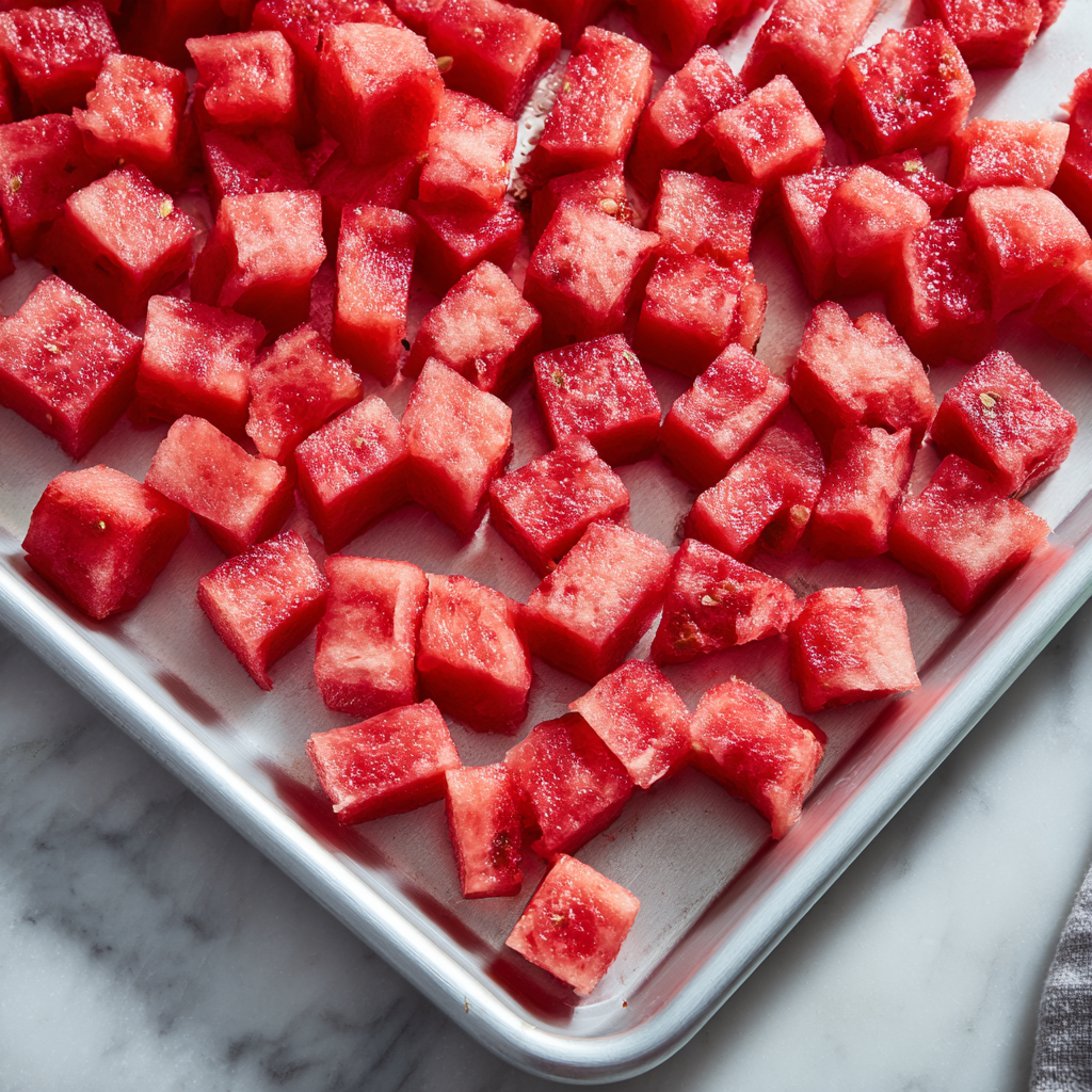 Cubed watermelon spread on a baking sheet ready to freeze for watermelon coconut ice