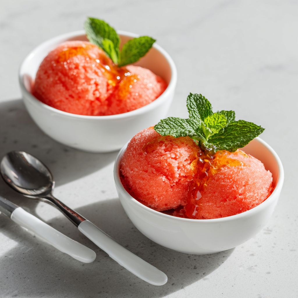 Scoops of watermelon coconut ice in white bowls topped with mint and honey