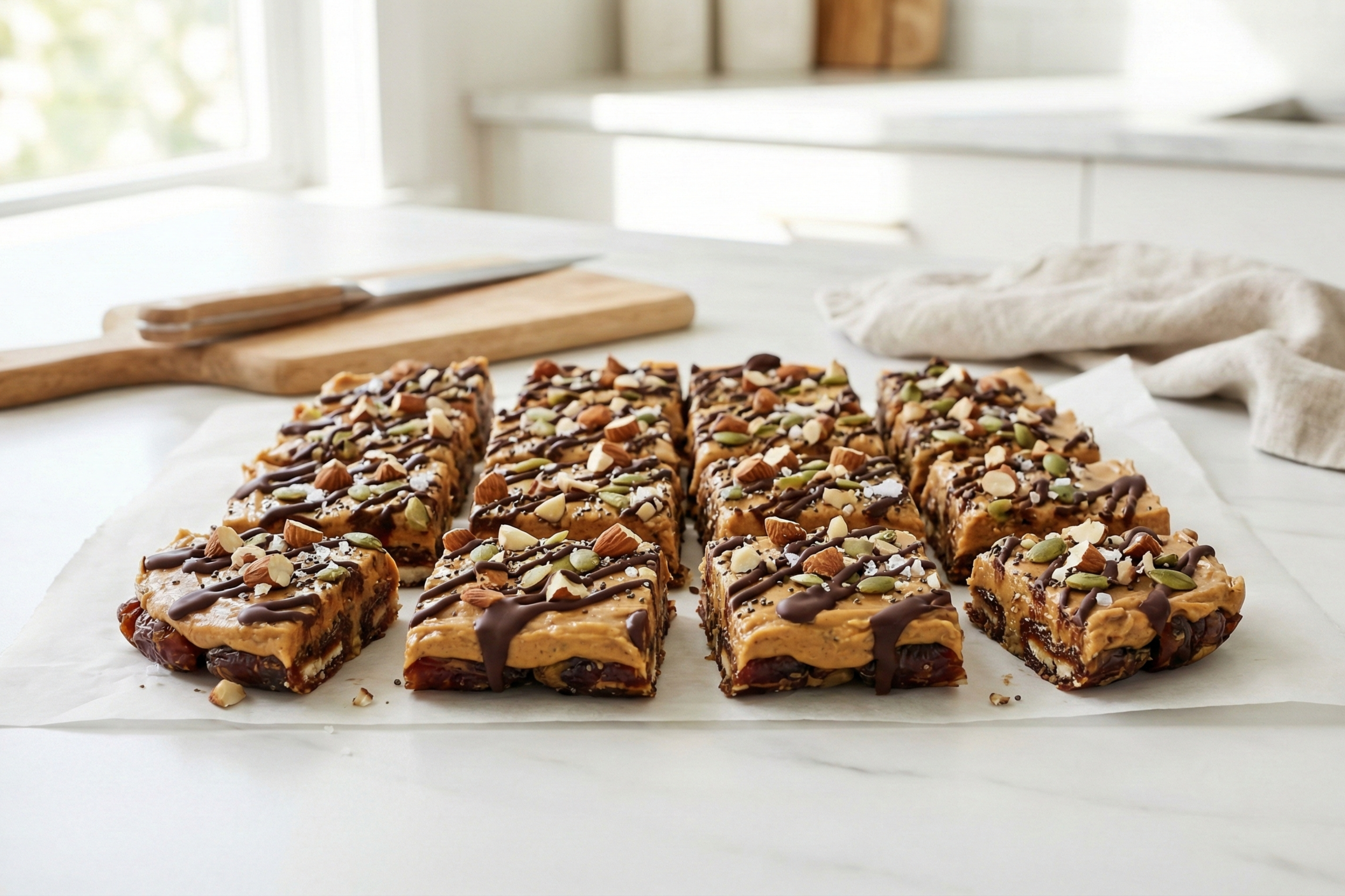 High protein date bark recipe pieces on parchment with chocolate, nuts and seeds